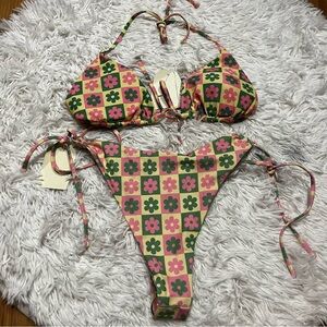 Aurelle Jess Floral Checkered String Bikini in Multi Pink And Green